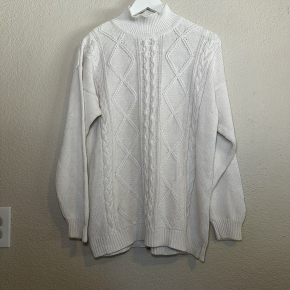 Just SASHA Women M Turtleneck Sweater Chunky Knit Cable Ivory White Boho Cotton - Picture 1 of 4